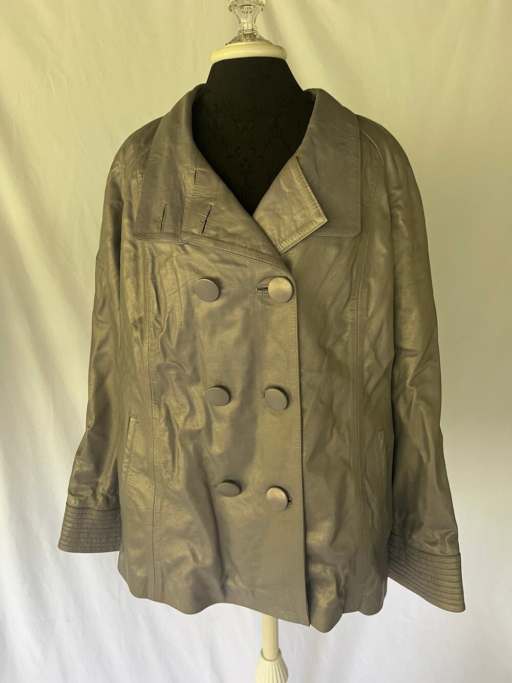 Womens Genuine Leather Double Breasted Coat 2XL Metallic Pewter Dumann Vintage